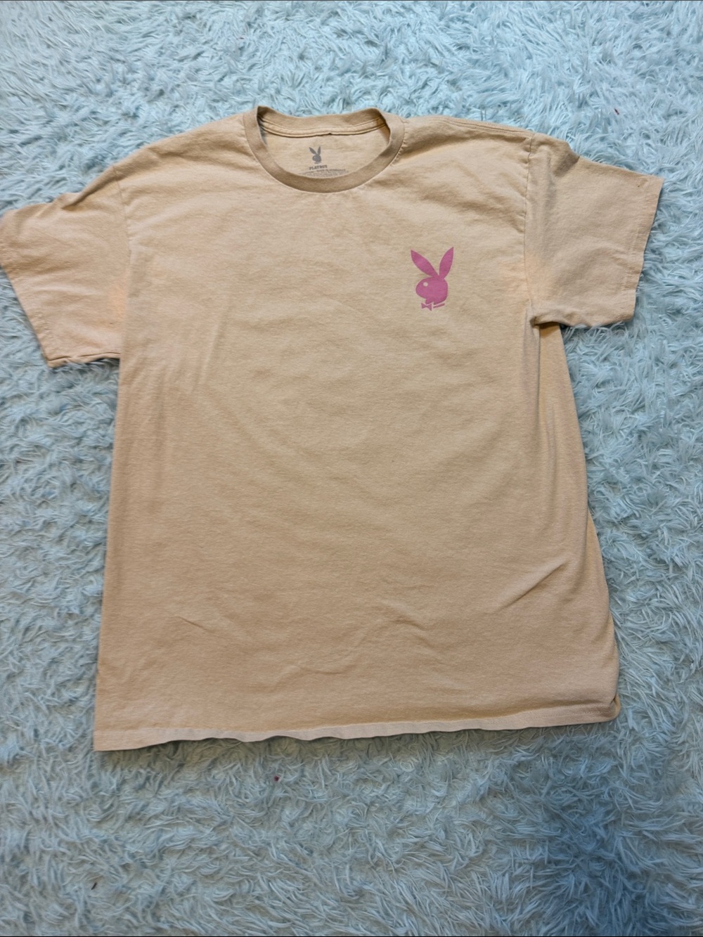 PLAYBOY Peach Short Sleeve Tee with Pink Bunny Logo Mens large 84